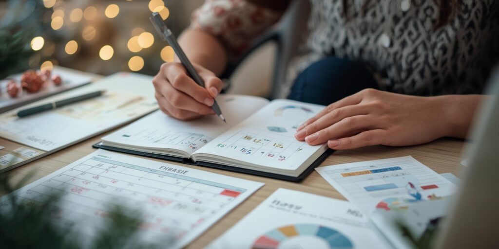 Person planning Christmas spending using a notebook and seasonal calendar