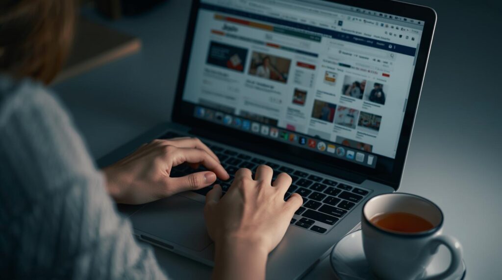 Person comparing online prices on laptop before buying during Black Friday 2025.