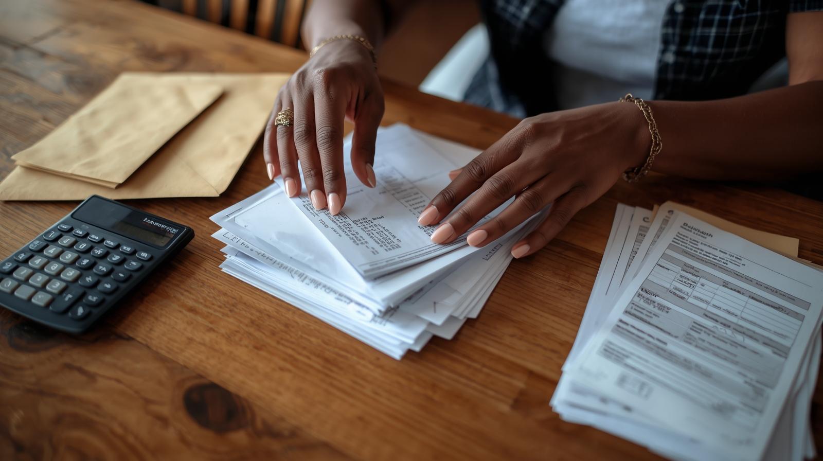 A realistic shot of a woman’s hands sorting through utility bills at a kitchen table, with envelopes, a calculator and a bank statement visible. No readable personal data.