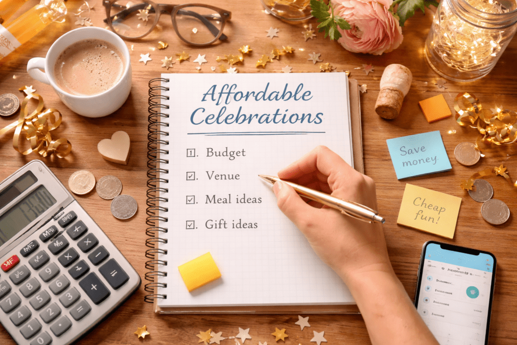 planning affordable celebrations with notebook and budget ideas
