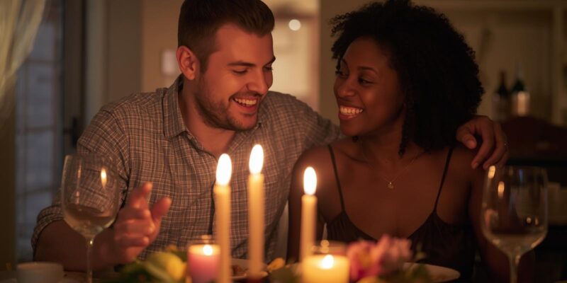 couple enjoying affordable celebrations at home with candles and dinner