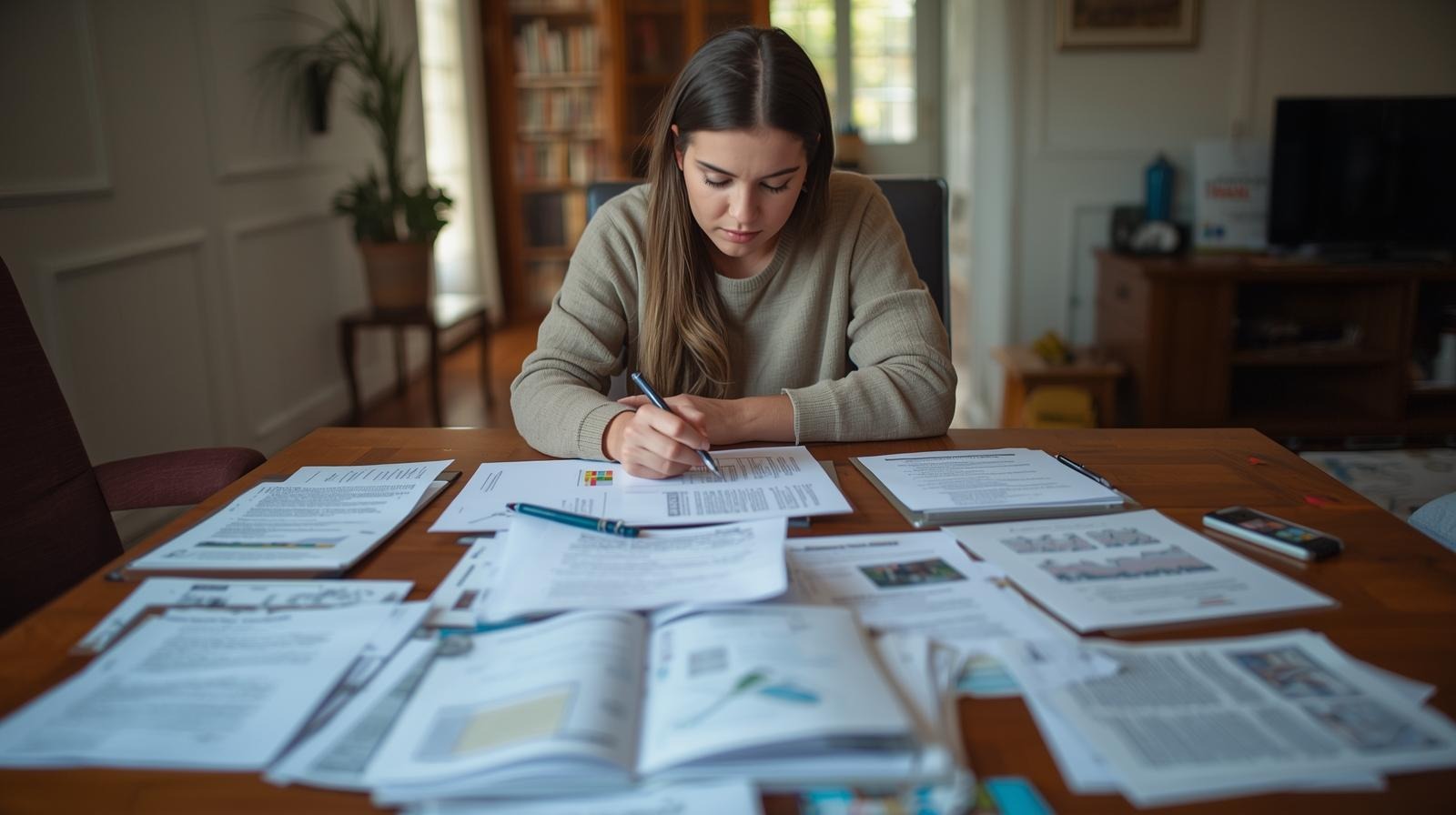 Person reviewing paperwork and documents at home