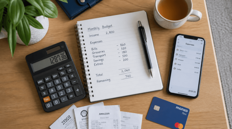 Track expenses with a monthly budget notebook, calculator, receipts and phone on a desk
