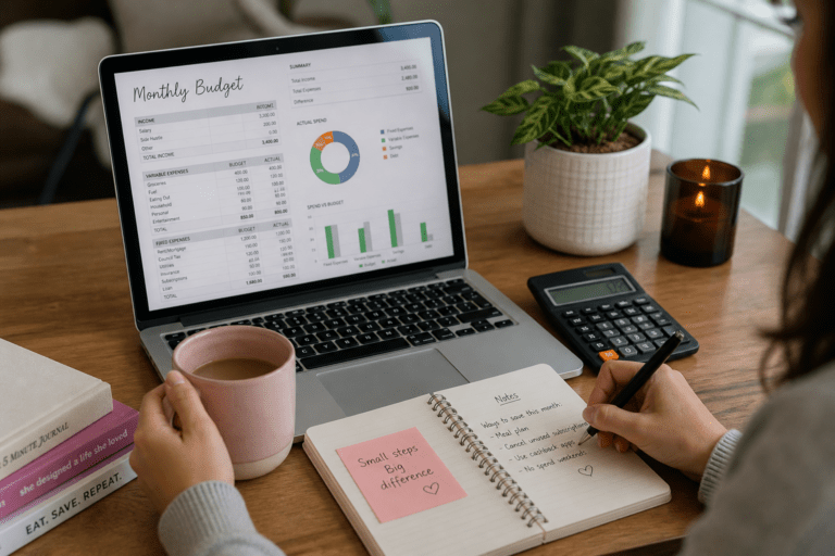 Weekly budget check-in with laptop, notebook, calculator and coffee on a desk