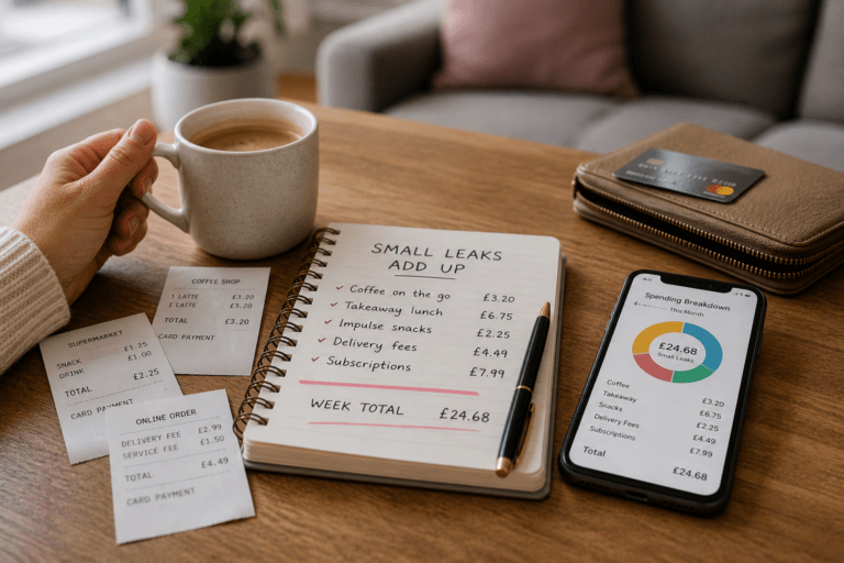 Small everyday expenses tracked in a notebook with receipts, coffee and phone on a table