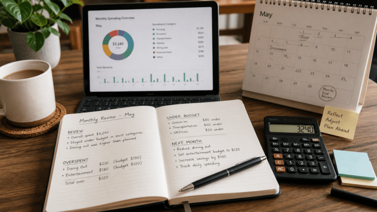 Monthly budget review with notebook, calendar, calculator and spending overview on a desk
