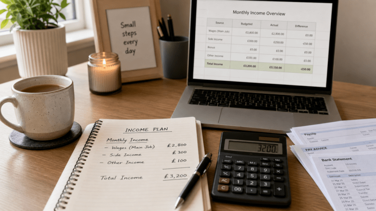 Monthly income plan with laptop, calculator and payslips on a desk