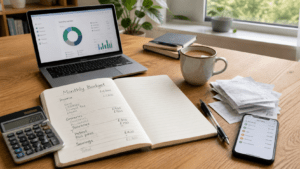 Track expenses with a monthly budget planner, receipts, calculator and phone on a desk