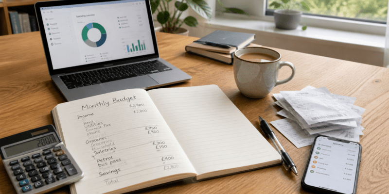 Track expenses with a monthly budget planner, receipts, calculator and phone on a desk