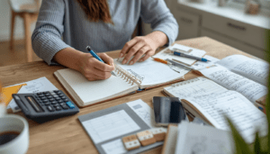 Weekly budget planning at home with notebook receipts and calculator