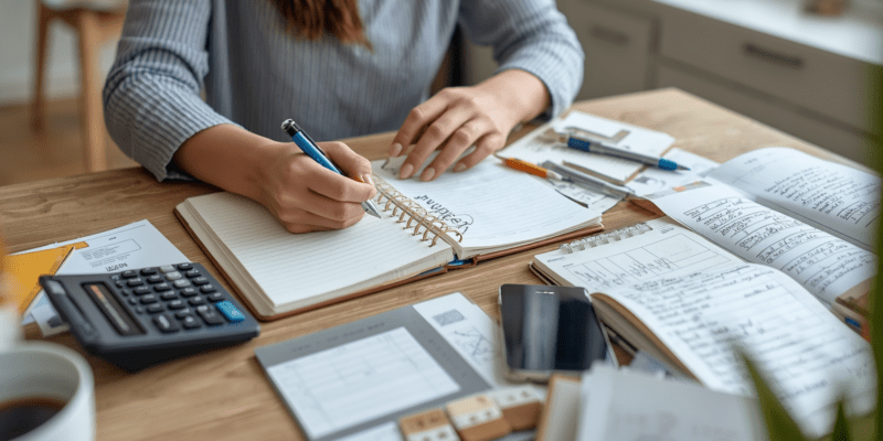 Weekly budget planning at home with notebook receipts and calculator