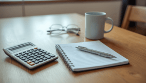 No-spend month budget planning with notebook, calculator, and spending notes