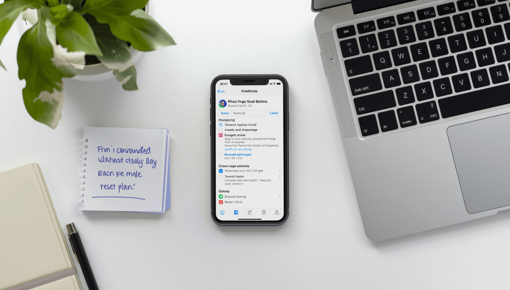 No-spend month reset with phone, laptop, and simple planning notes