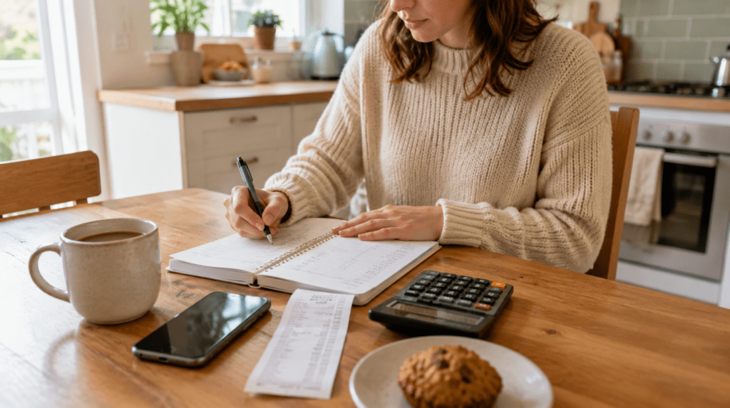 Weekly budget planning at home with coffee, calculator and notebook
