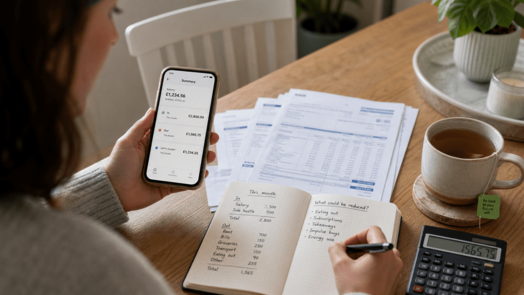 Money reset check-in with banking app, statements, and budgeting notes