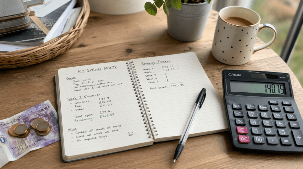 Tracking no-spend month savings in a budgeting notebook