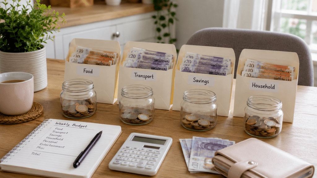 Weekly budget categories split into spending buckets