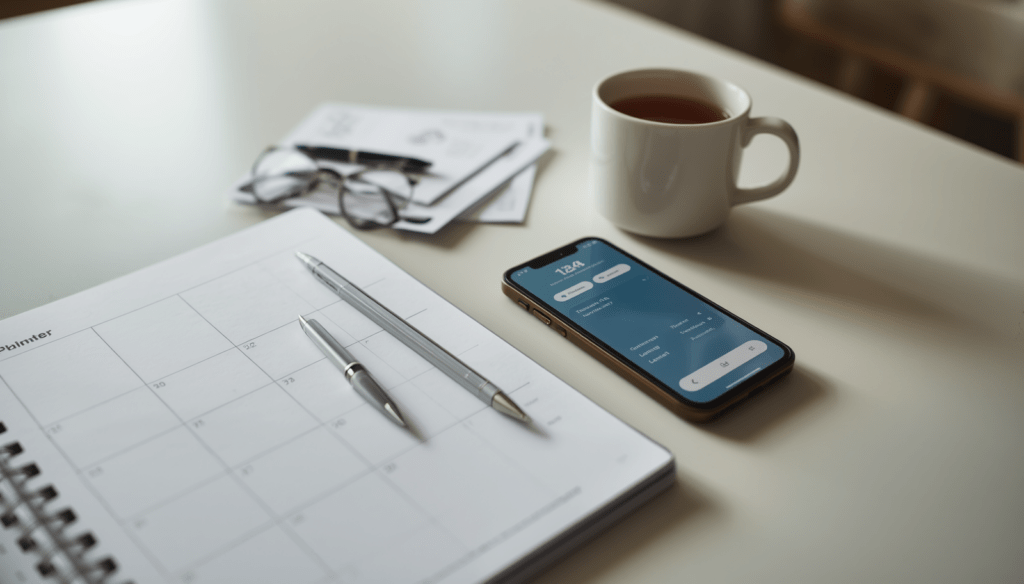Weekly budget planner with banking app and tea