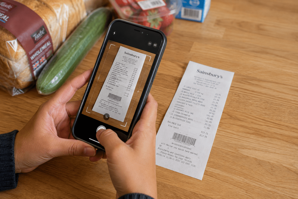 Close-up showing how receipt scanning apps work with a supermarket receipt