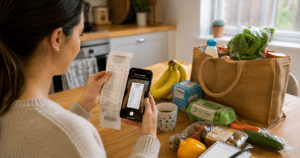 Woman using receipt scanning apps to earn rewards from her food shopping