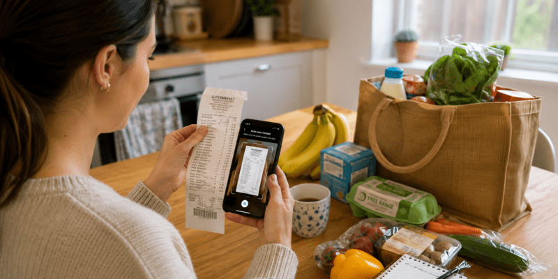 Woman using receipt scanning apps to earn rewards from her food shopping