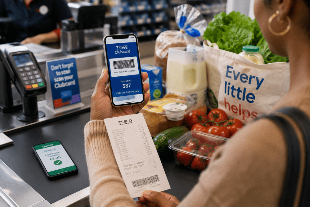Shopper stacking supermarket savings with loyalty and receipt scanning apps