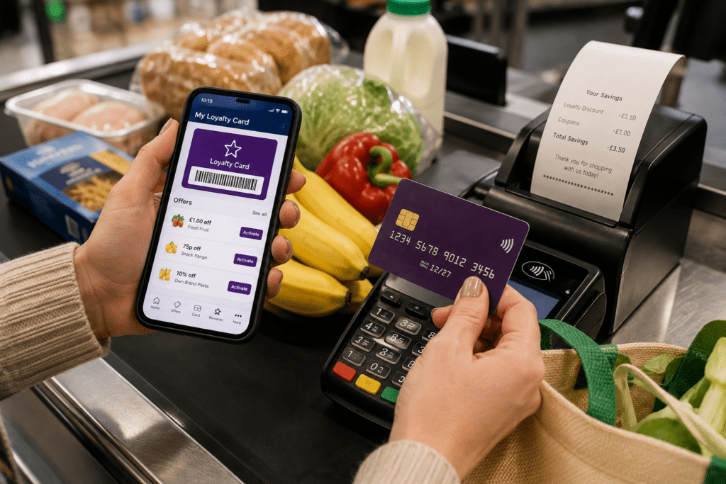 Shopper stacking supermarket loyalty rewards and savings at the checkout