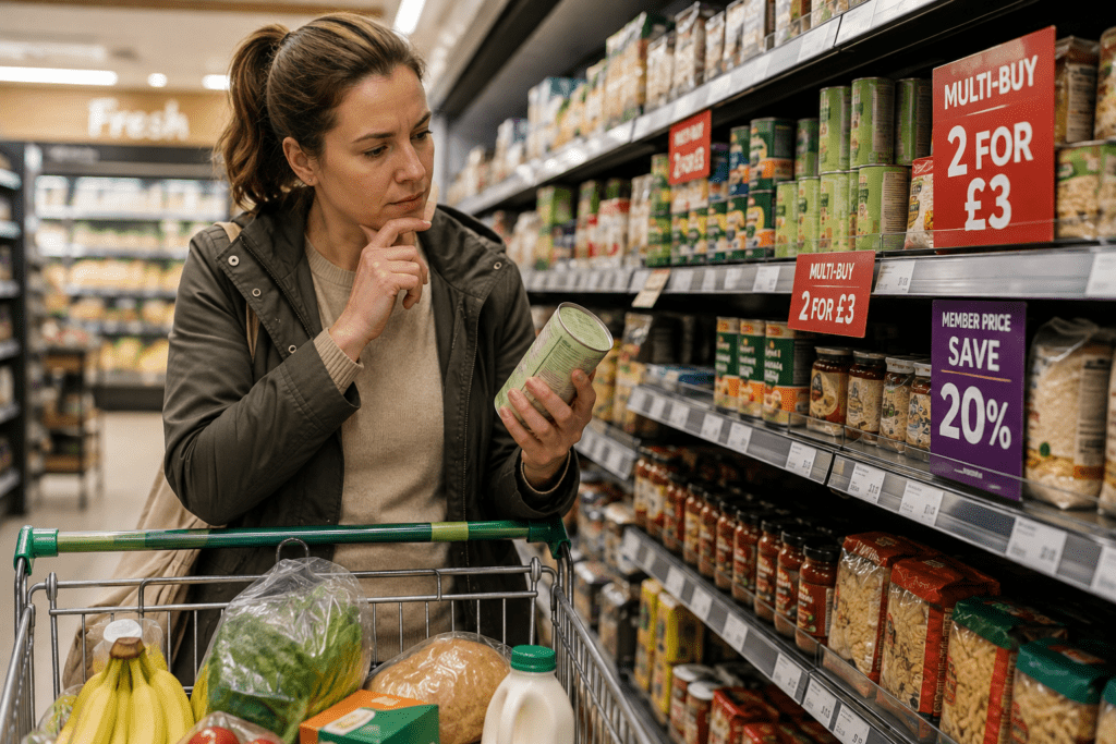 Shopper considering a supermarket loyalty offer before buying an extra product