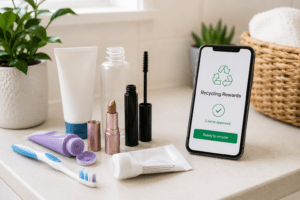 Boots recycling scheme with empty beauty and healthcare products ready to recycle