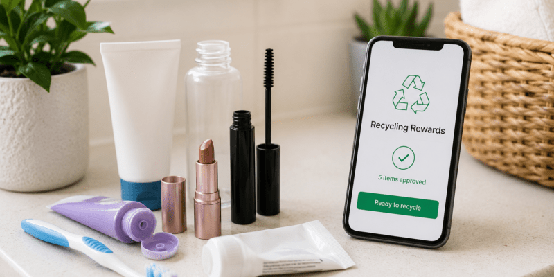 Boots recycling scheme with empty beauty and healthcare products ready to recycle