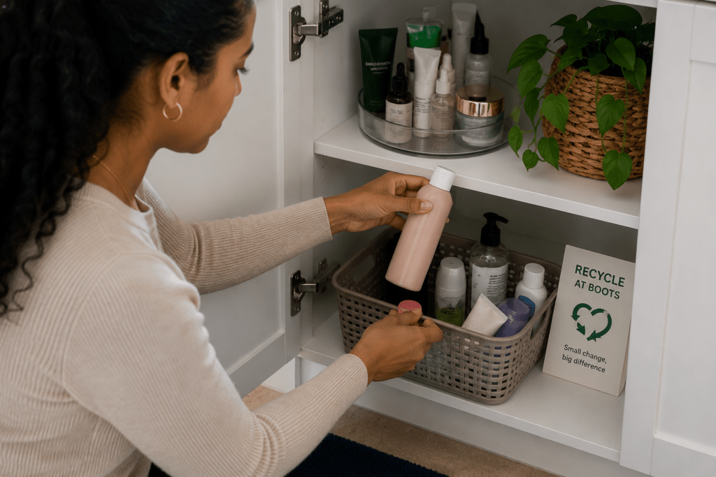 Woman saving beauty empties to Recycle at Boots