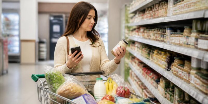 Shopper using supermarket loyalty apps to compare prices and save money