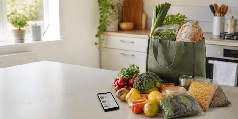 Too Good To Go and Olio food savings with rescued groceries in a home kitchen