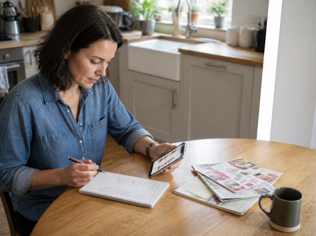 Shopper checking supermarket loyalty apps while planning a weekly food shop