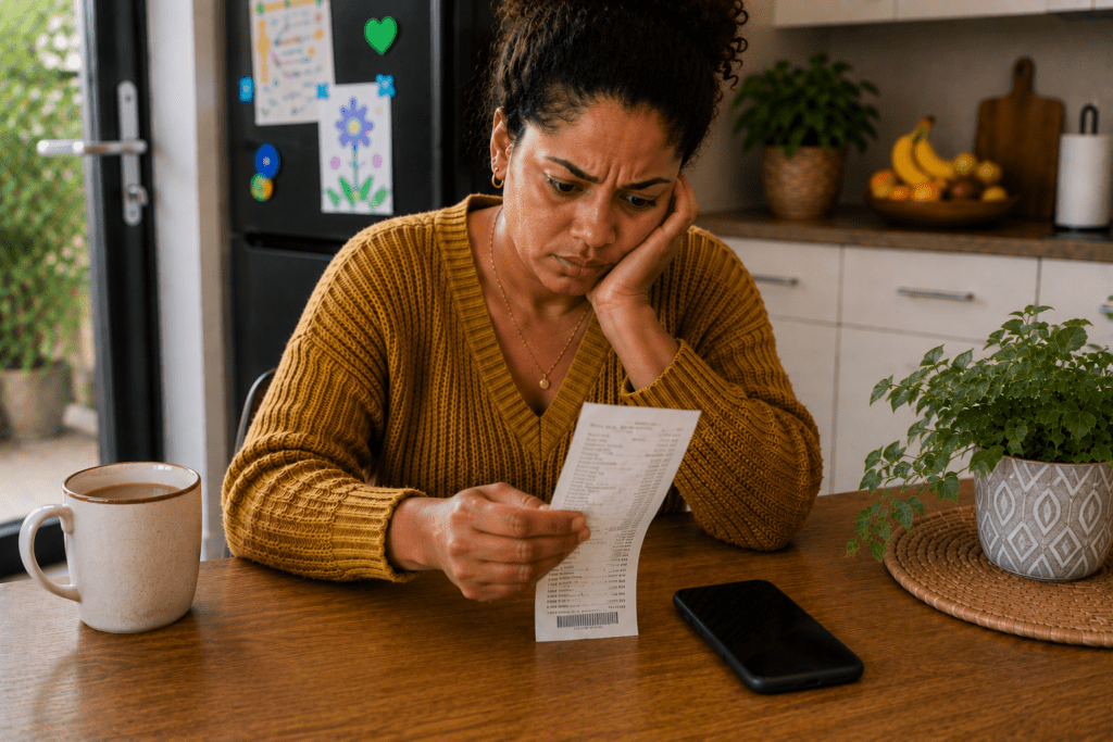 Woman reviewing a supermarket receipt and the cost of her weekly shop