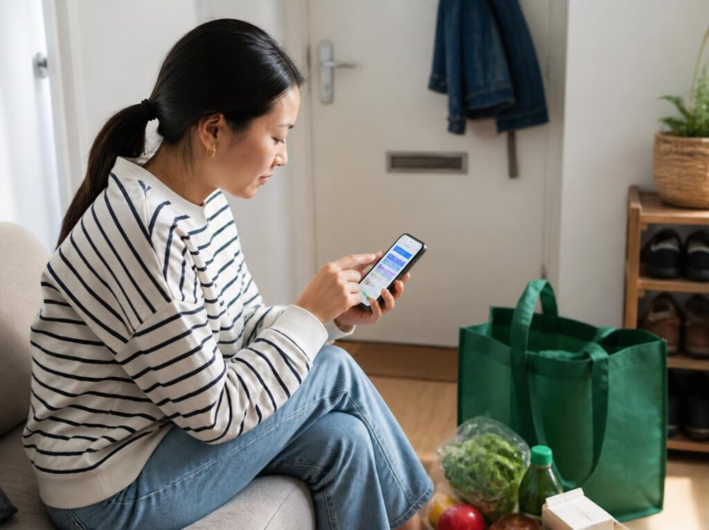 Shopper checking supermarket loyalty offers before going shopping