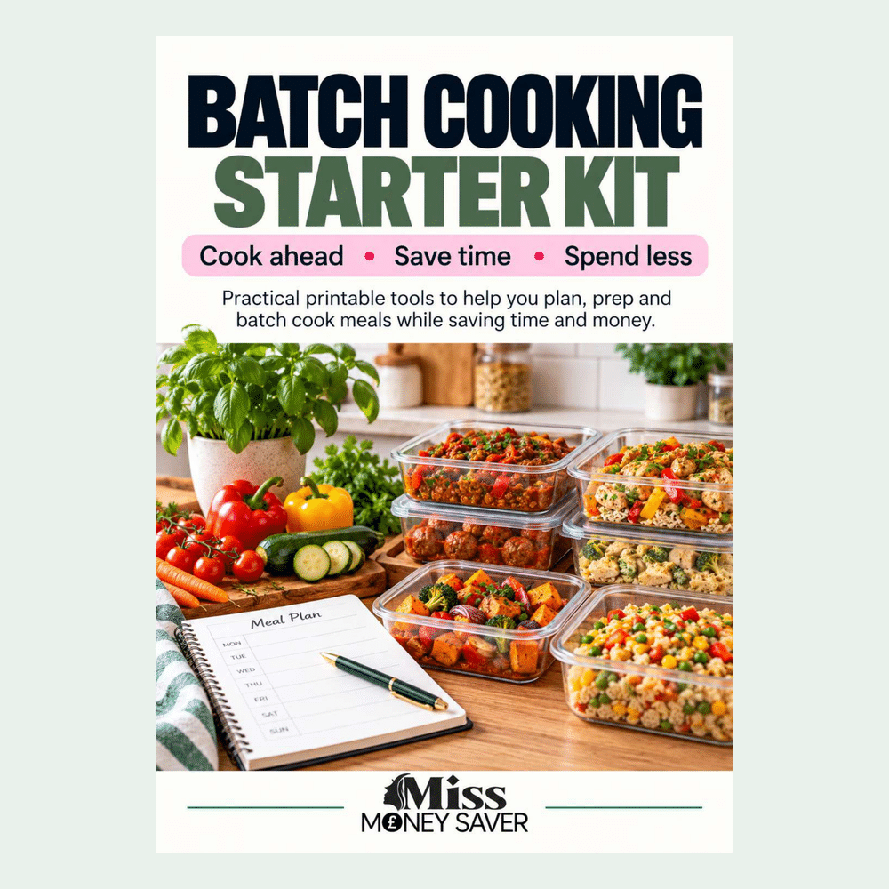 Batch Cooking Starter Kit free printable planner to help you prepare meals in advance, reduce food waste and save money.